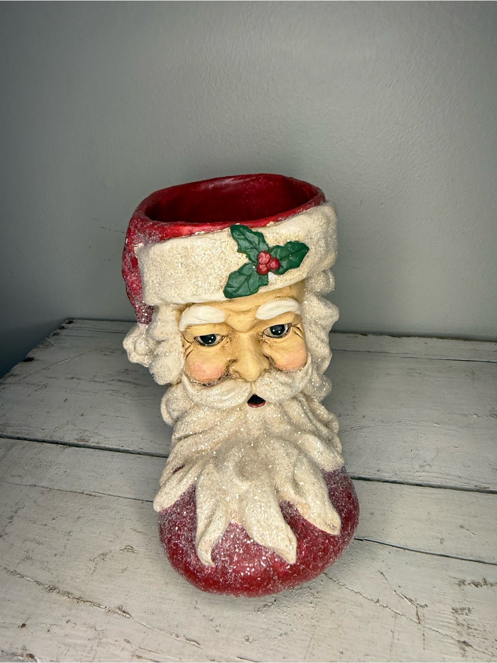 RAZ Imports Large Paper Mache Santa Face Glitter Boot 7.5” Hand Painted